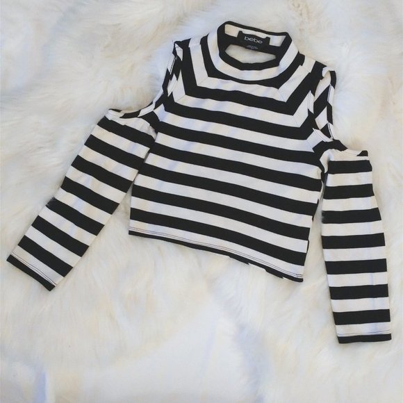 Bebe | Cold Shoulder Crop Top Keyhole Back Black and White Stripes - Picture 2 of 3
